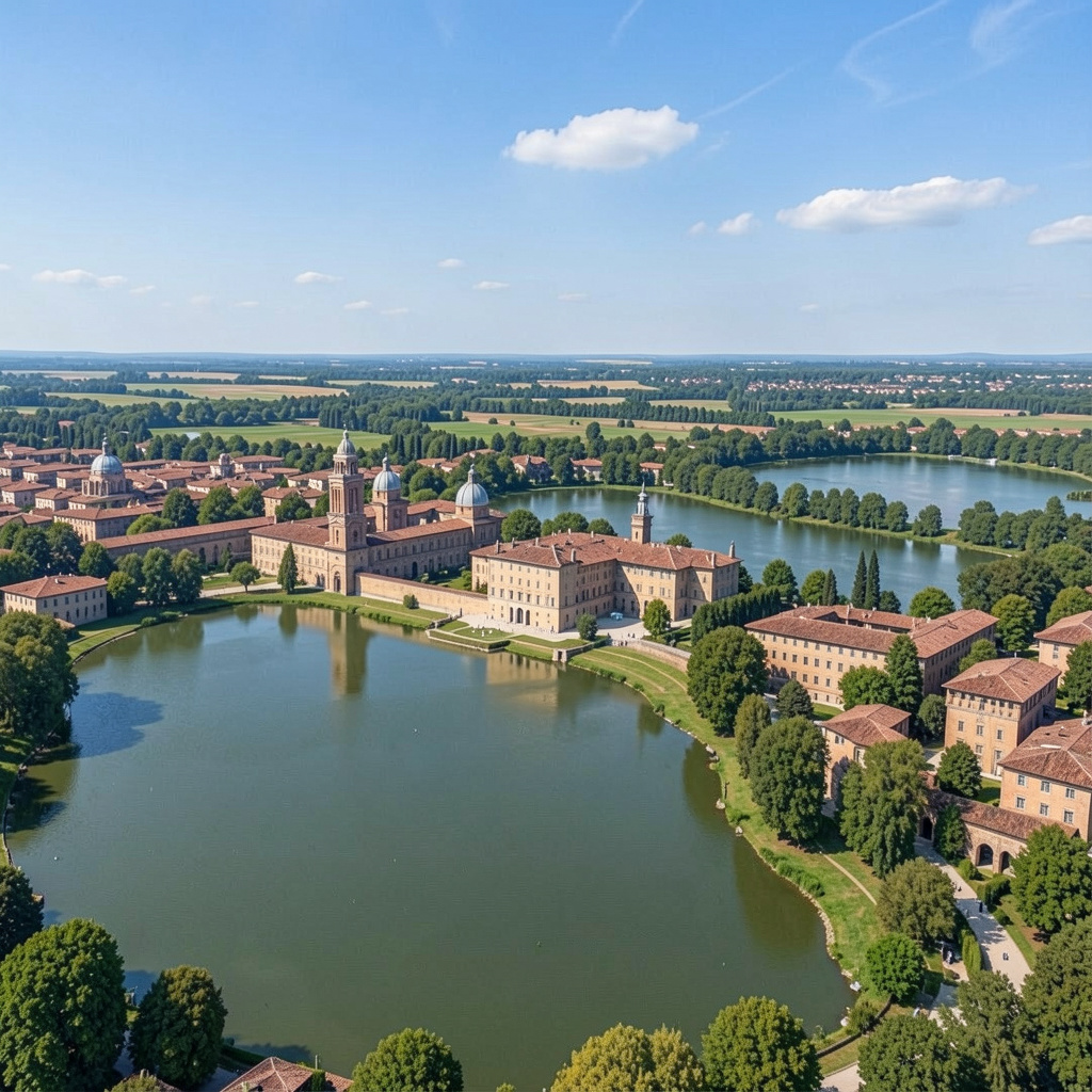Vista panoramica di Mantova con i suoi laghi e il Palazzo Ducale