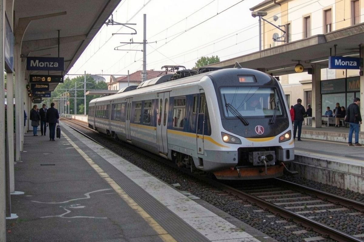Treno in arrivo alla stazione di Monza, includi dettagli della stazione
