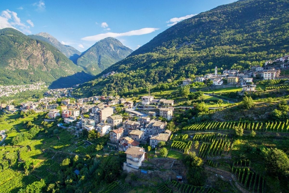 Scorci dei vigneti e delle montagne di Sondrio