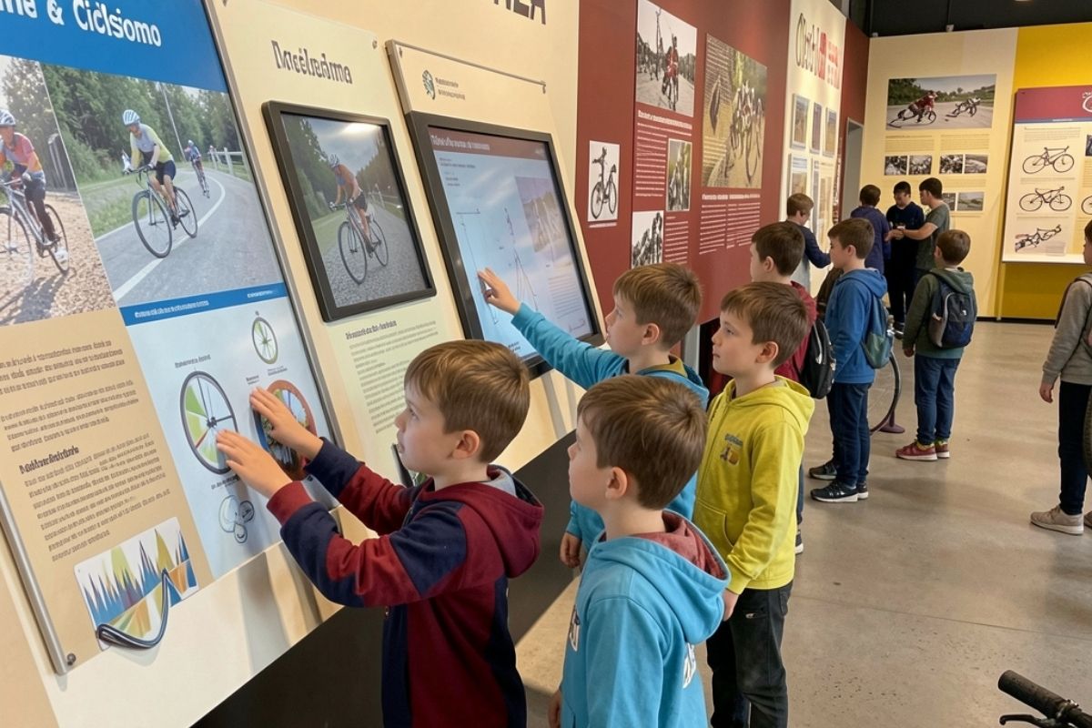 Bambini che visitano il Museo del Ciclismo a Monza, mostra interattiva