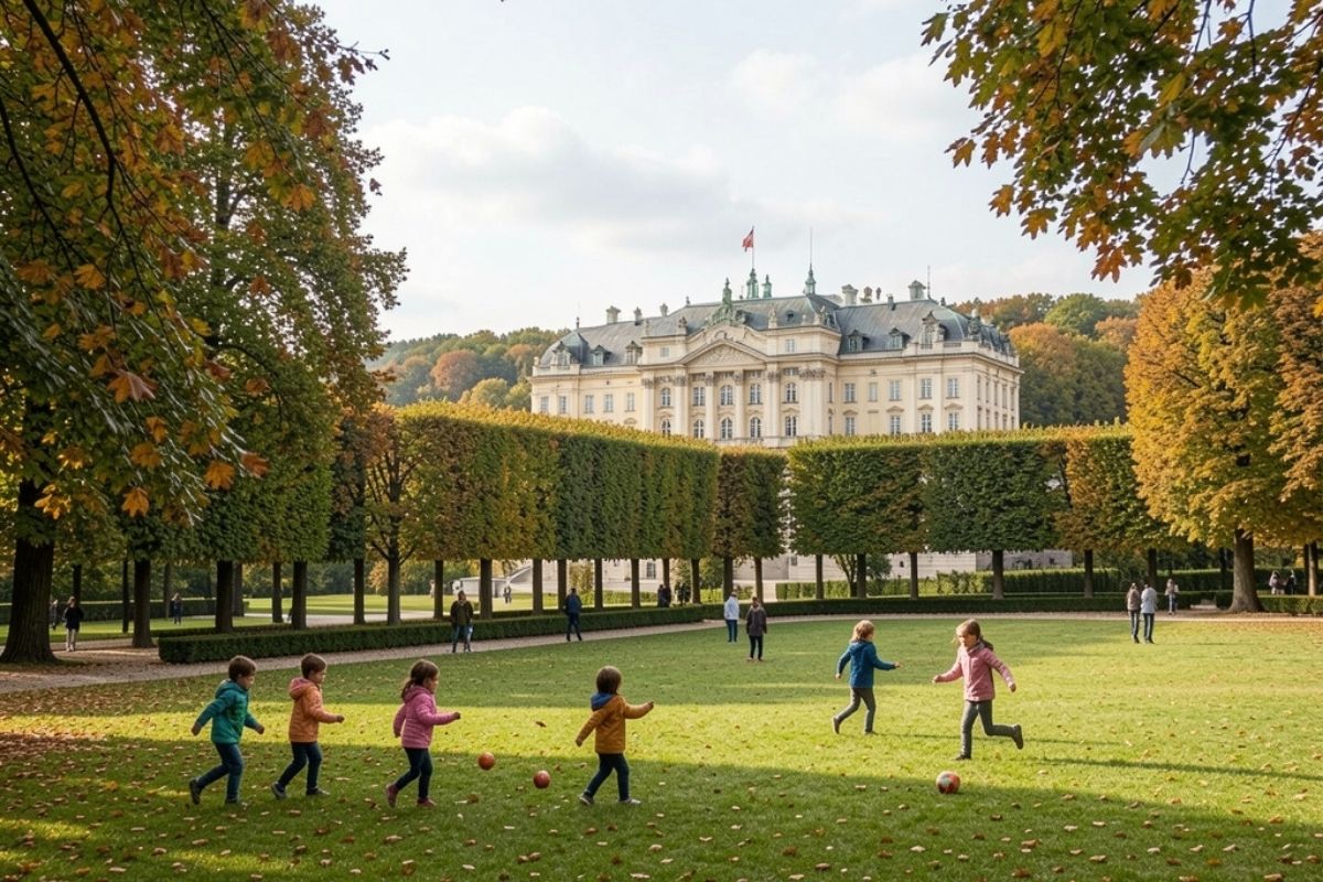 Vista panoramica di Monza con bambini che giocano nel parco, includi Villa Reale